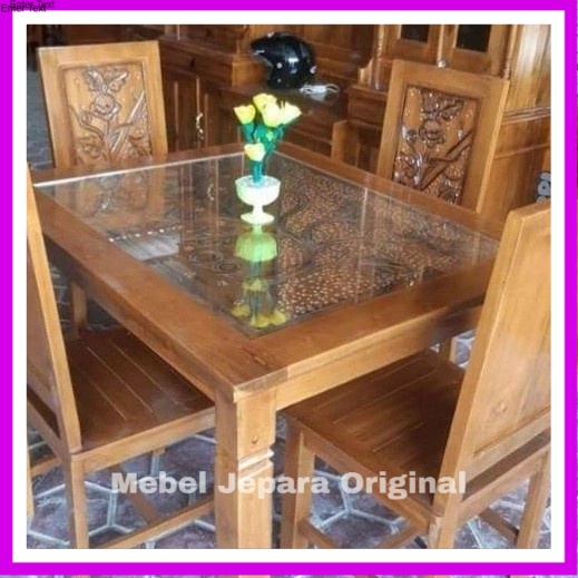 Meja makan kayu jati minimalis Murah kursi 4 + kaca