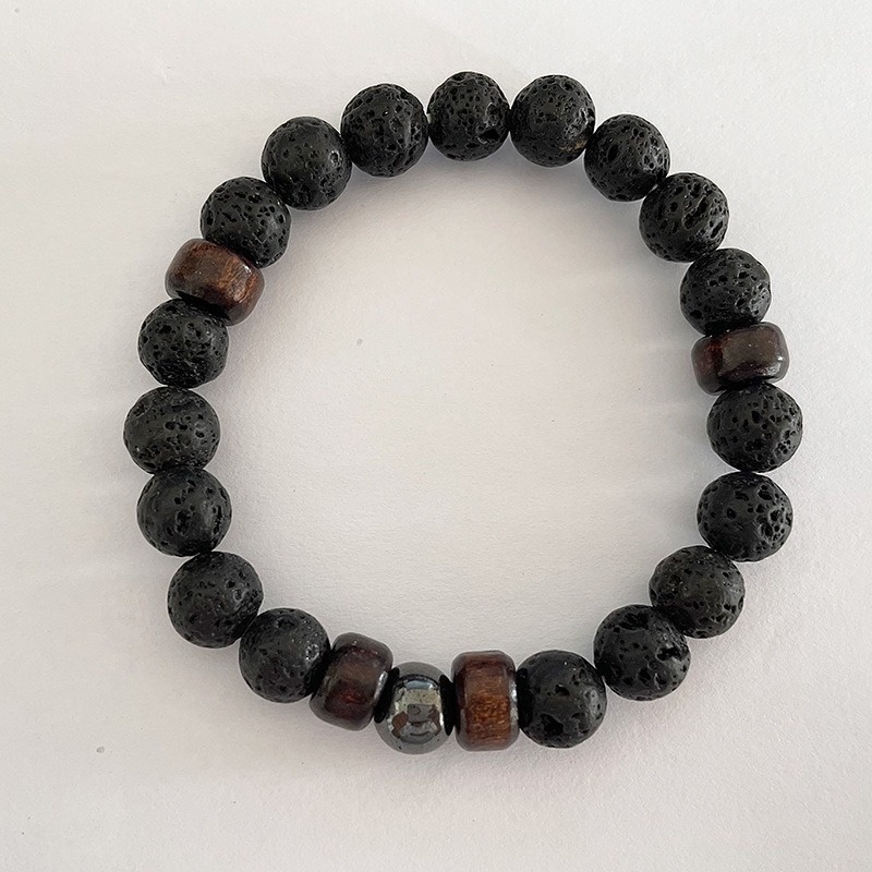 [Z H Perhiasan] Hip Hop Rock Retro Pria Fashion 8mm Batu Vulkanik Manik-Manik Kayu Batu Alam Beads Gelang Pesta Perhiasan Aksesoris