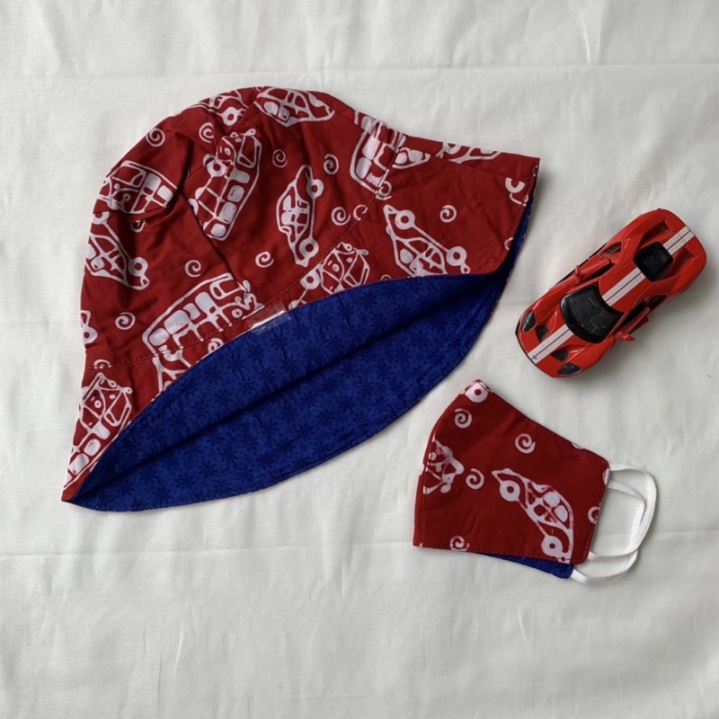 Set Topi Bucket + Masker Batik, Motif Bolak-Balik (Embos Polos),size Anak, usia 3-8th