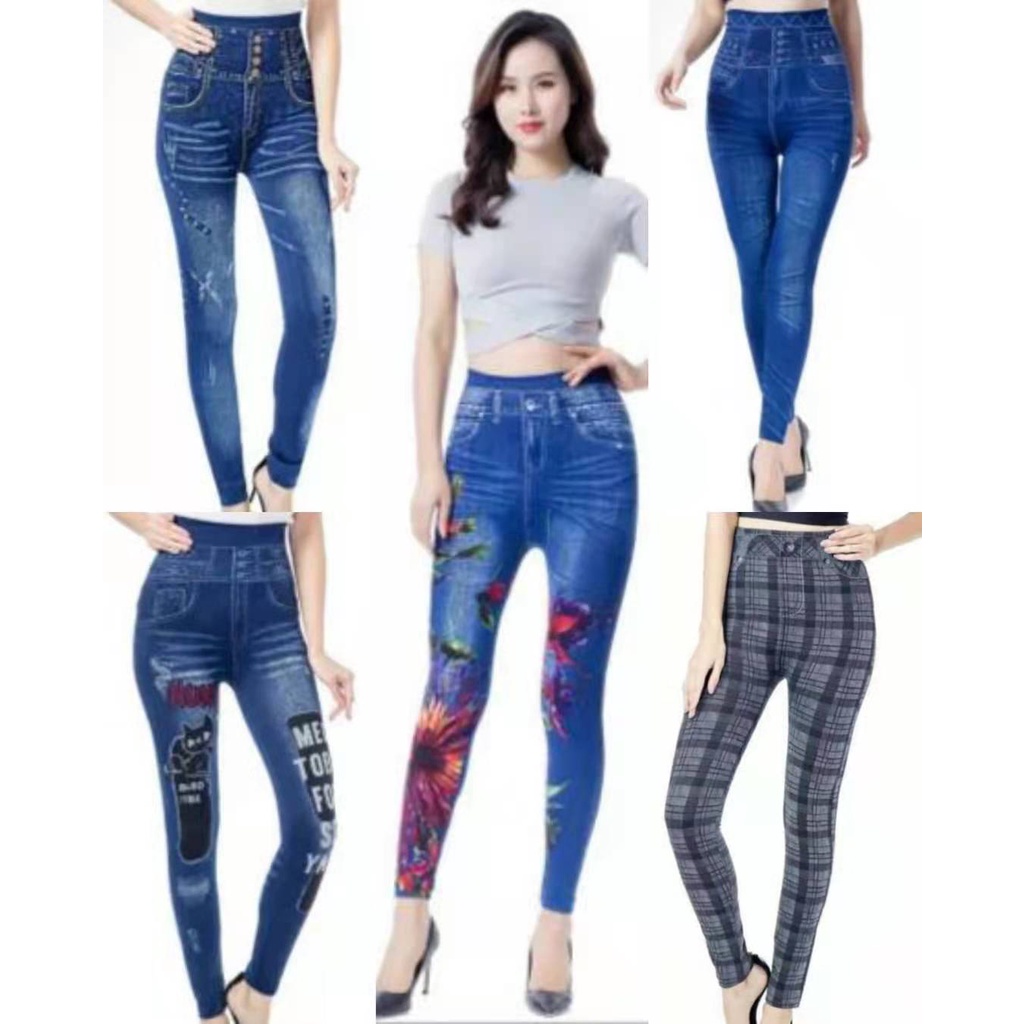 Legging jeans faux kasual elastis tinggi /peregangan legging olahraga