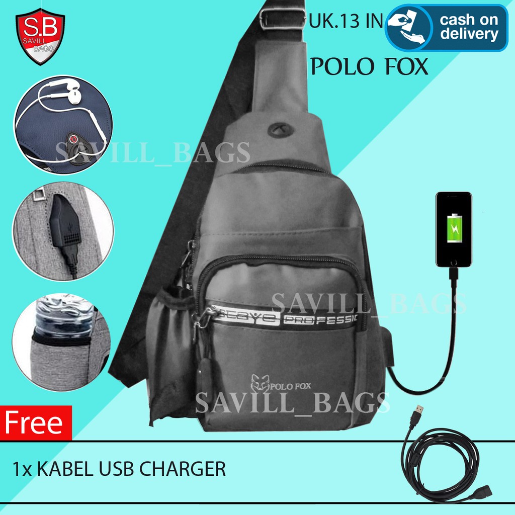 Tas Selempang Pria POLO FOX Tas Slempang Pria Import Tas Selempang Parasut Free Kabel USB