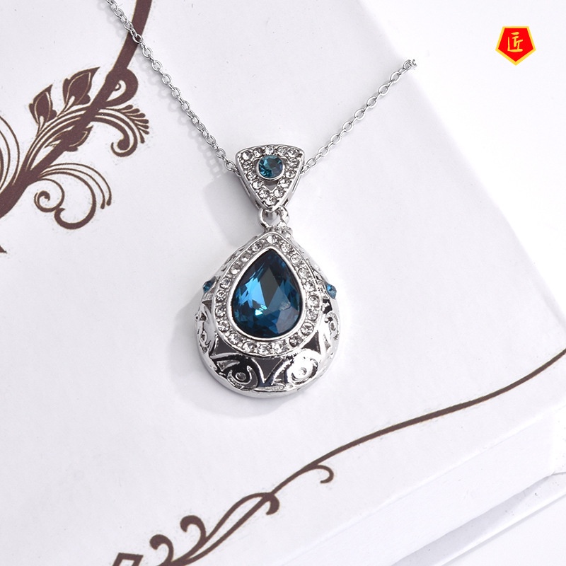 [Ready Stock]New Hollow Inlaid Sapphire Ear Stud Necklace Luxury Suit