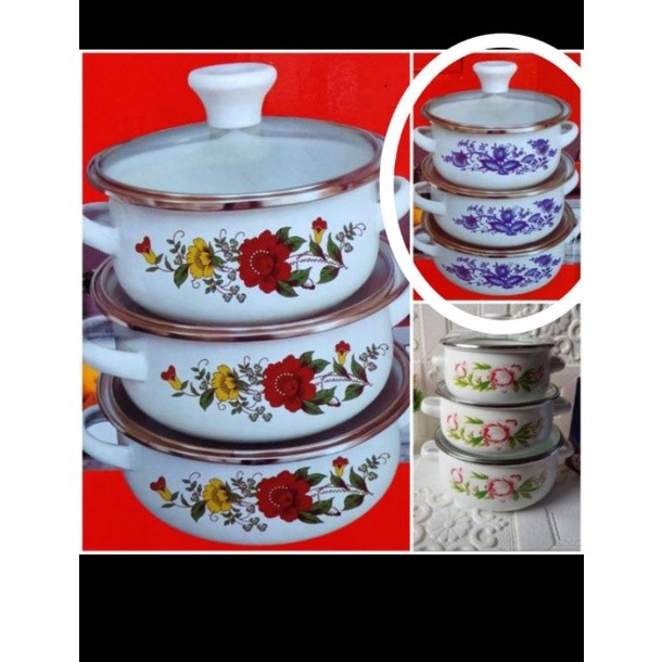 Panci Jadul Motif Bunga Isi 3pc _panci Reona Tutup Kaca