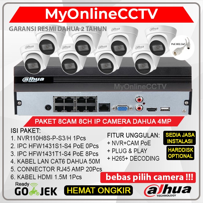 Paket CCTV Dahua 8 IP Camera 4MP NVR 8Ch indoor Lengkap Siap Pasang