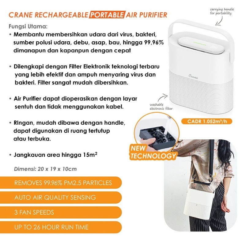 CRANE RECHARGEABLE PORTABLE AIR PURIFIER FREE BUBBLE WRAP