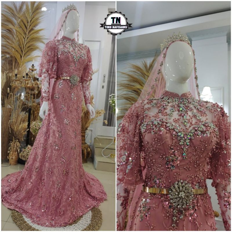 dress pengantin modern muslim variasi bagian tangan | baju akad dan resepsi pernikahan new model