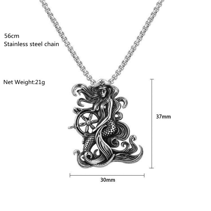 Kalung Liontin Putri Duyung Kapten Bahan Stainless Steel Warna Silver Gaya Vintage Untuk Pria Dan Wanita