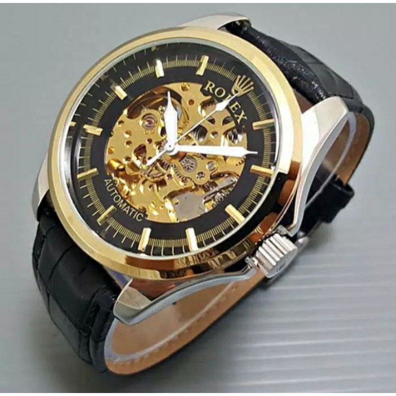 JAM TANGAN PRIA ROLEK  AUTOMATIC MODEL TRANSPARAN  TALI KULIT