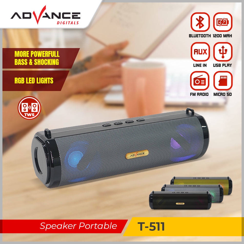 【READY STOCK】 Advance Portable full bass mini Wireless Bluetooth T-511 with led lights FM antenna radio 1200mAH