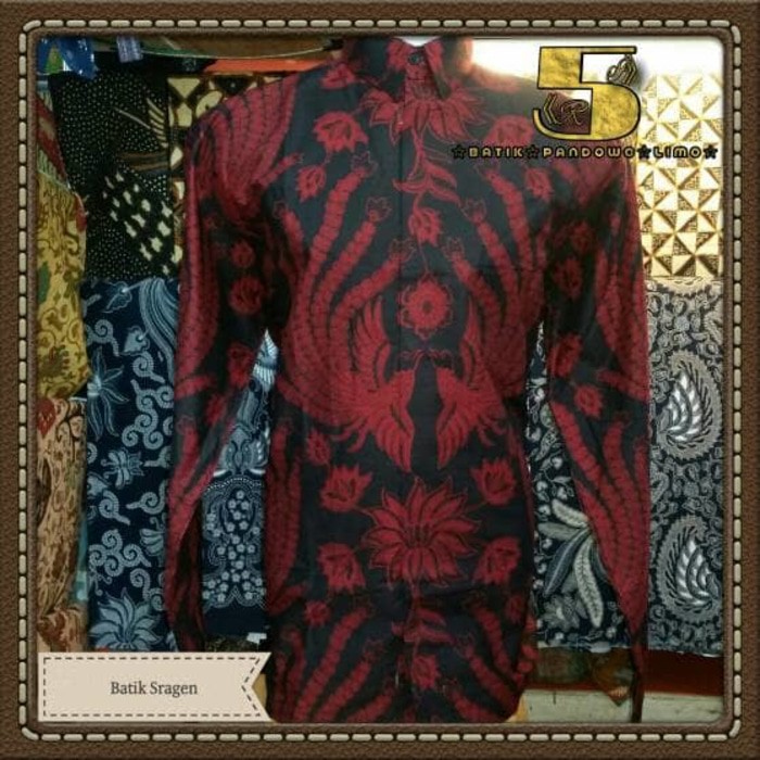 kemeja batik merah lengan panjang burung kembar - kemeja batik solo