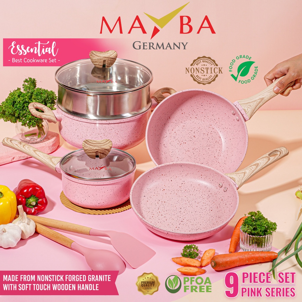 MAYBA ESSENTIAL 9 PCS MAYBA Germany Marble Granit BPA-Free NONSTICK CASSEROLE WOK AND MILK PAN - GRANITE PAN SET PFOA FREE PREMIUM SET