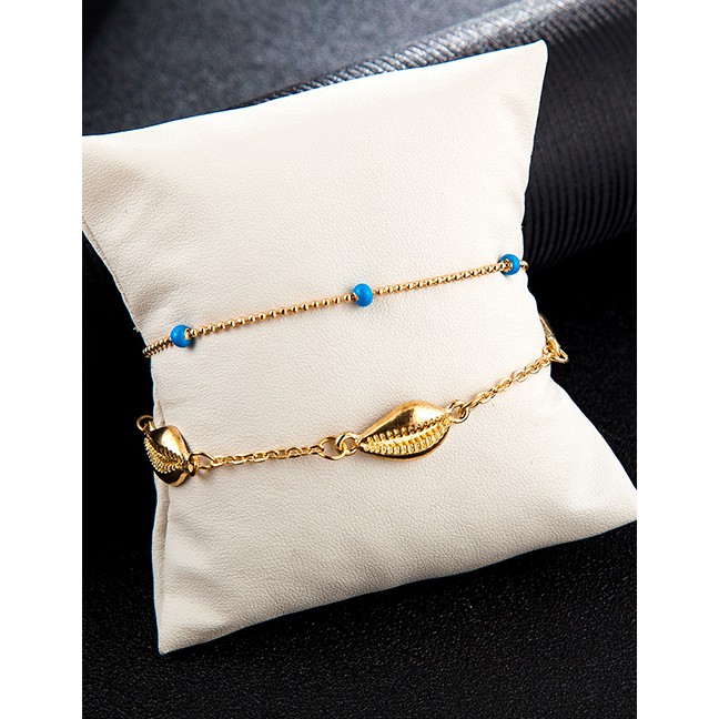 LRC Gelang Kaki Fashion Gold Alloy Chain Rice Beads Shell Multi-layered Anklet F91774