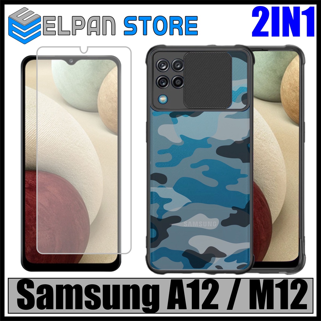 Case Samsung A12 / M12 Paket 2in1 Softcase Slide Army Free Tempered Glass Layar