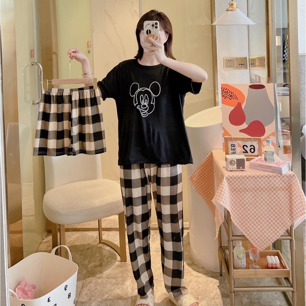 AJW Shop Piyama 3in1 | Piyama Import Dewasa | Setelan Wanita Kekinian | Baju Tidur Wanita Dewasa-Mic Black