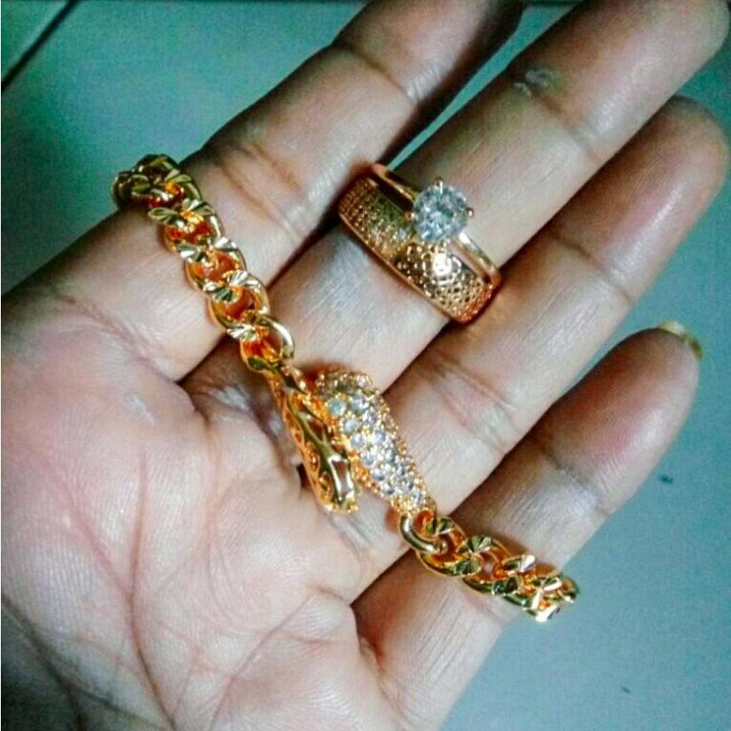 Gelang Xuping Set Perhiasan Wanita Gelang Rantai Plat Ular Bonus Cincin