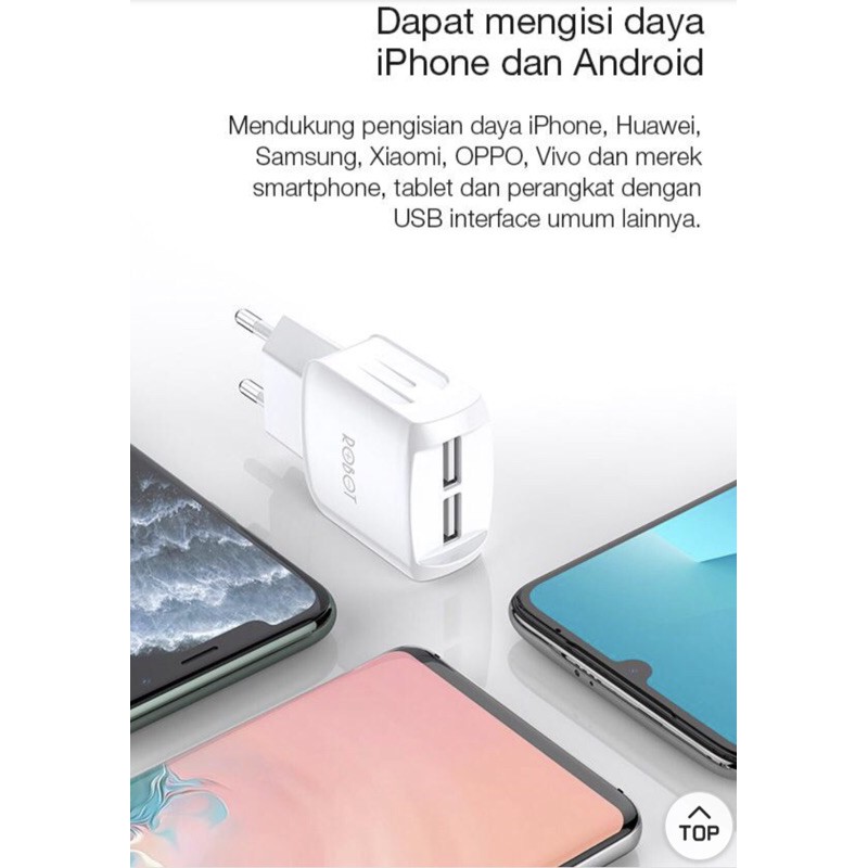 Robot adaptor charge RT-K6 2.4A Dual Output Charger Fast Charging (1 Box isi 20 Pcs) original resmi