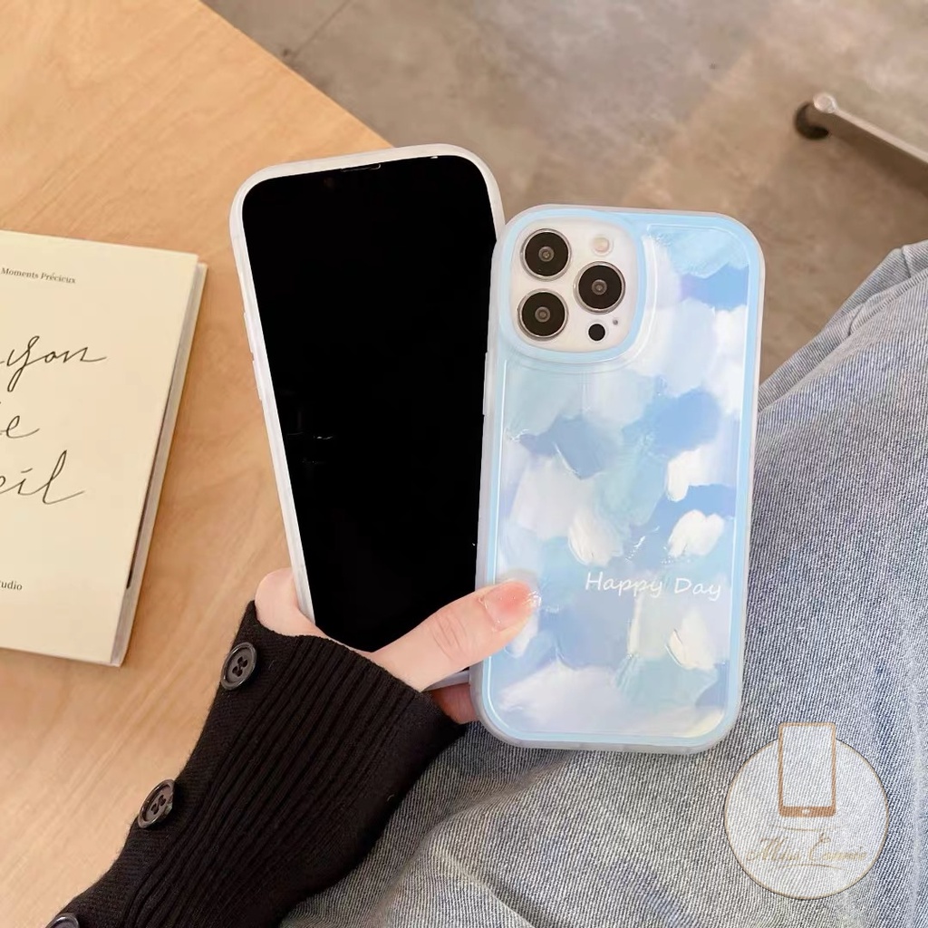 IPHONE Lukisan Tinta Sederhana Shockproof Case Kompatibel Untuk Iphone11 13 12 14 Pro MAX XR X XS MAX 8 7Plus 8Plus 6 6S Plus SE 2020biru Bulat Pelindung Lensa Anti Jatuh Lembut TPU Penutup Belakang