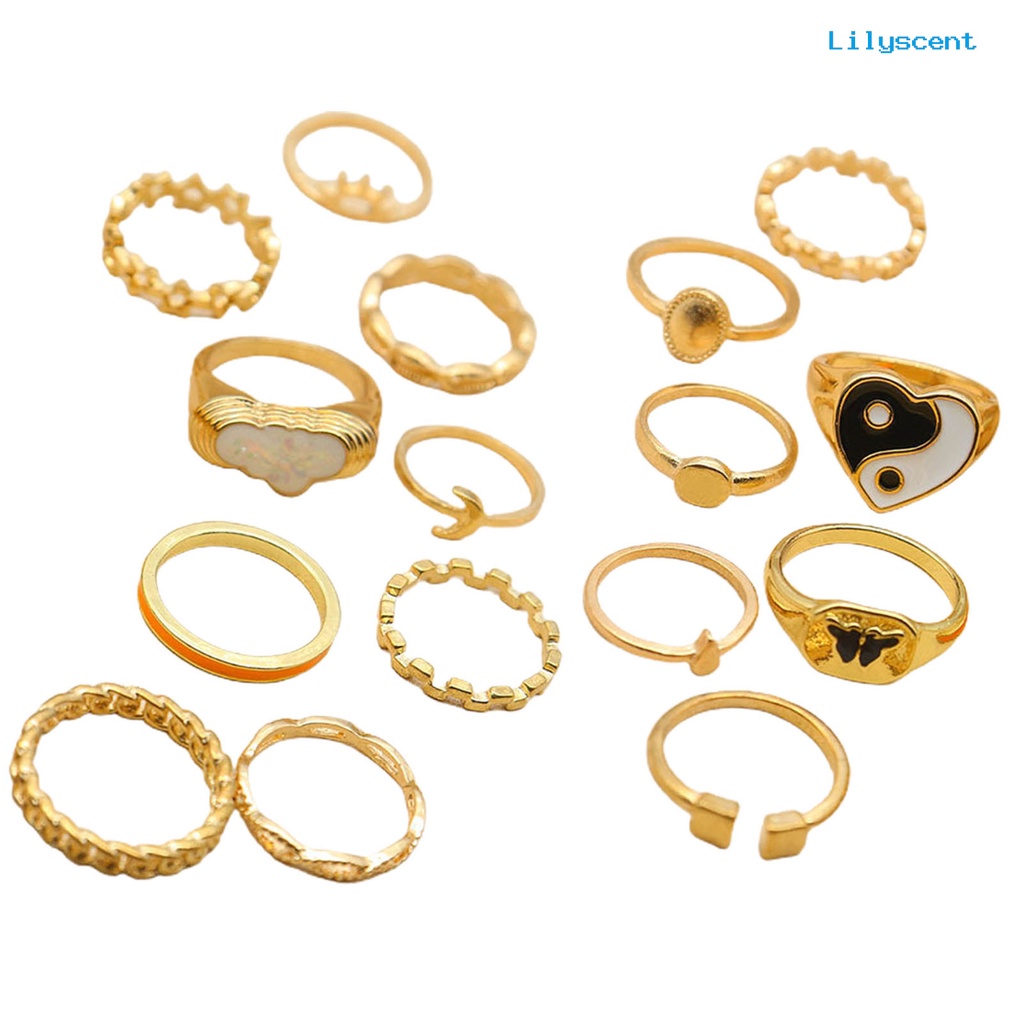 16pcs Cincin Knuckle Bentuk Yin Yang Multi Bentuk Stackable Untuk Wanita