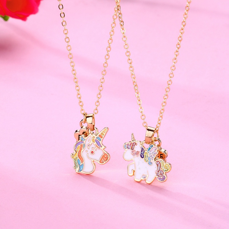 2pcs / Set Kalung Rantai Liontin Unicorn Lucu Untuk Wanita