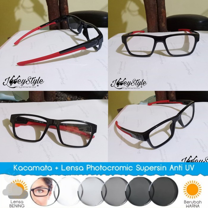 Order Langsung Kacamata (Frame+Lensa) Photocromic Gray UV Sporty Merah terbaik