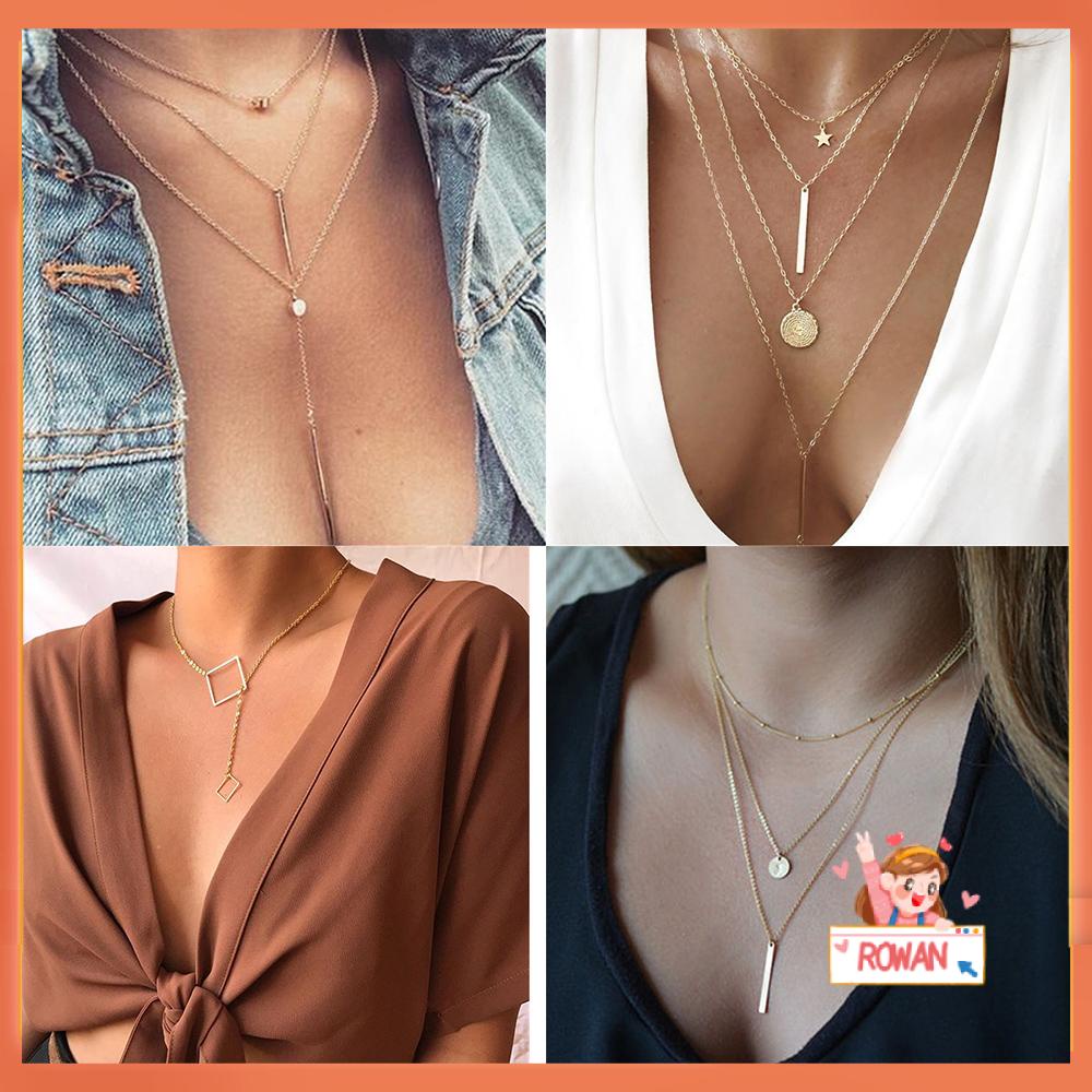 Kalung Multilayer Manik-Manik Bulat Persegi Geometris Warna Emas Gaya Bohemian Untuk Wanita