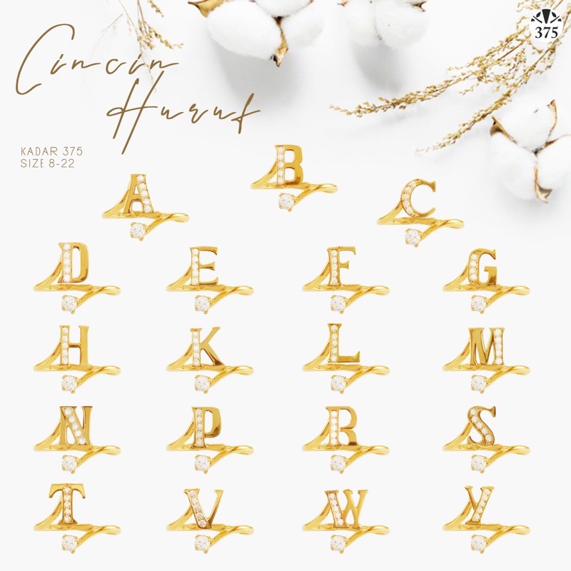 Cincin huruf / inisial nama spiral dengan 1 batu cantik elegant emas asli kadar 375