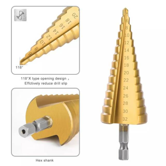 Nuansa - Mata Bor Pagoda Spiral Kerucut Titanium HSS Step Cone Drill Bits Lubang Besi Kayu Plastik dll