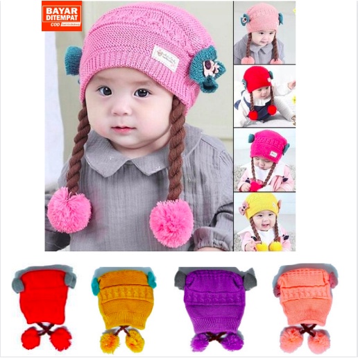 Kupluk Rajut Pompom Bayi / Anak Model Kepang Usia 6 Bulan - 3 Tahun Imut Lucu