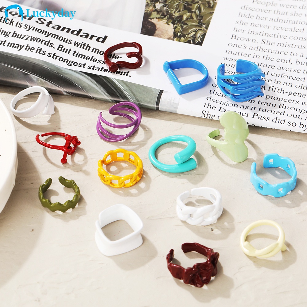 YEEZII Cincin Desain Geometri Hollow Warna-Warni Bahan Akrilik Gaya Korea Untuk Wanita