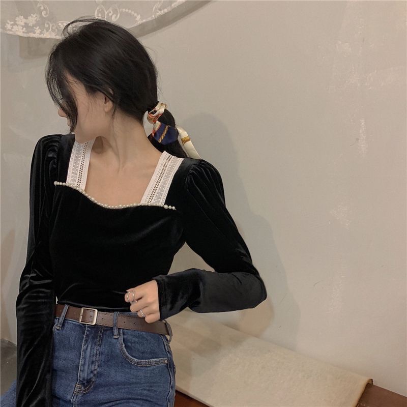 Gavriel velvet blouse pesta korean longsleeve pearl top squareneck puffy top bludru