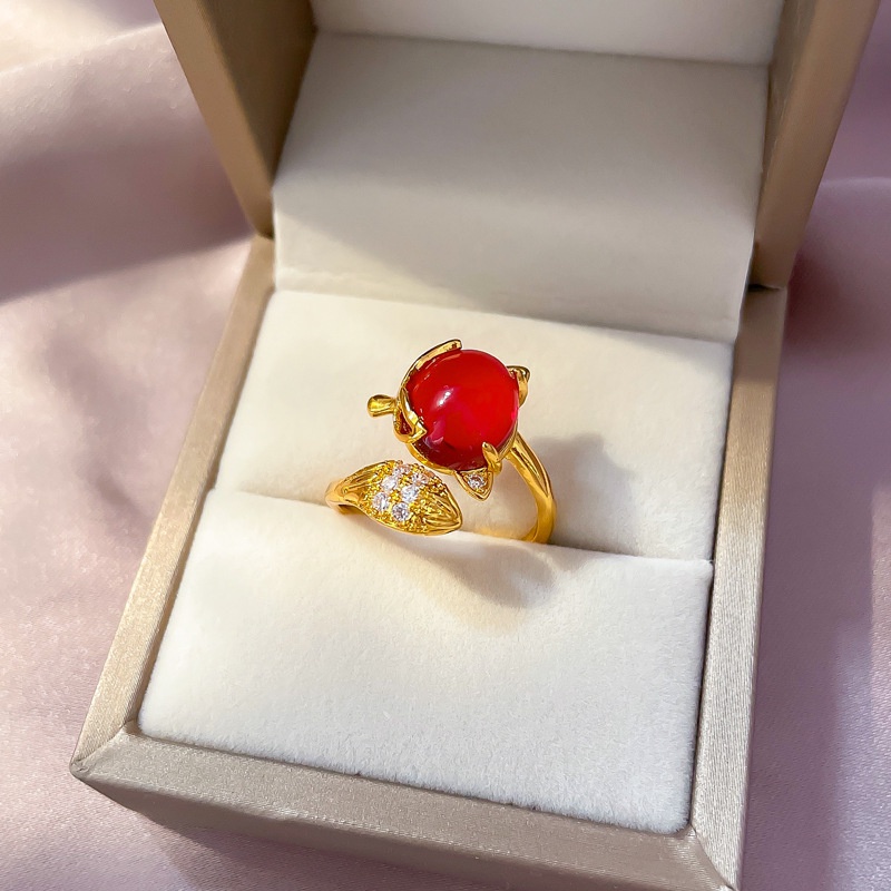 Cincin Titanium (Terbuka) Rubah Kristal Keberuntungan Lapis Emas 18K Cantik Perhiasan Wanita Korea