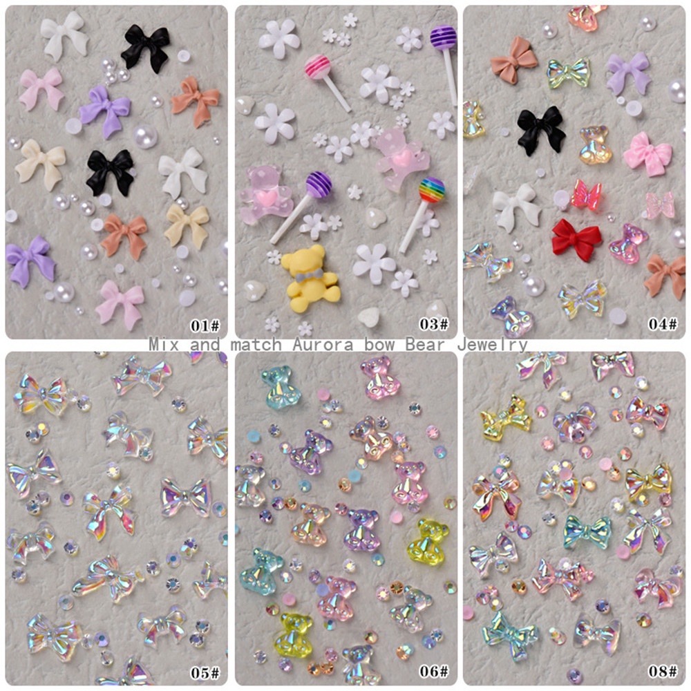 7 grid / box Manik-Manik Mutiara Berlian Imitasi Bentuk Pita Aurora Bear Butterfly Untuk Nail Art DIY