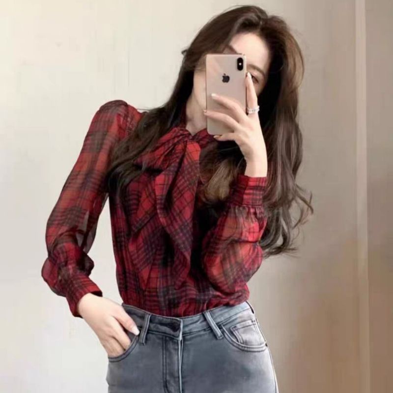 MDLV ~ 6303# Red Tartan Tie Neck Shirt Kemeja korea kemeja kotak kemeja merah kemeja Chiffon Kemeja Premium Fashion Import