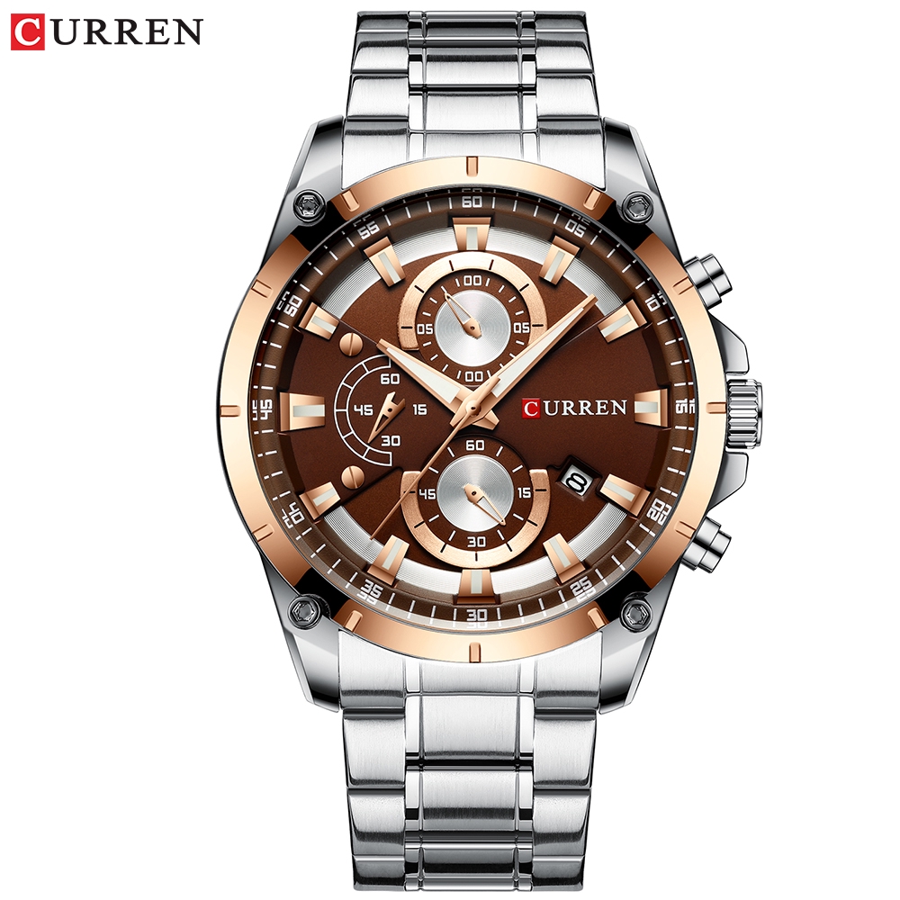 

Jam Tangan Pria Curren Men'S Quartz Watch Fashion Stainless Steel Waterproof Sports Watch 3 Eye Dial