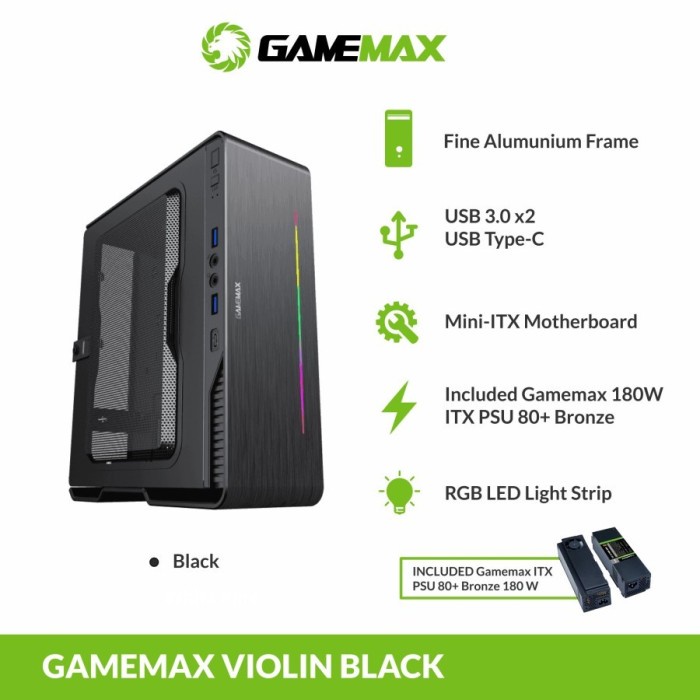 Gamemax Violin Black Ultra Slim Mini-ITX PC Case with LED Rainbow