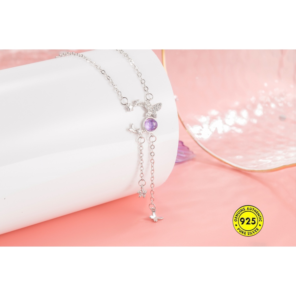 Kalung Rantai Sterling Silver 925 Dengan Liontin Kupu-Kupu Ungu Untuk Wanita Butterfly