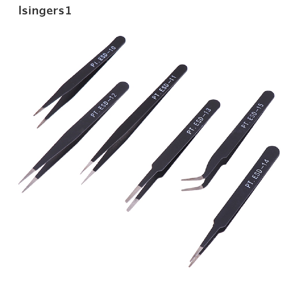 (lsingers1) 6pcs / Set Pinset Lurus / Melengkung anti Statis Untuk Reparasi esd