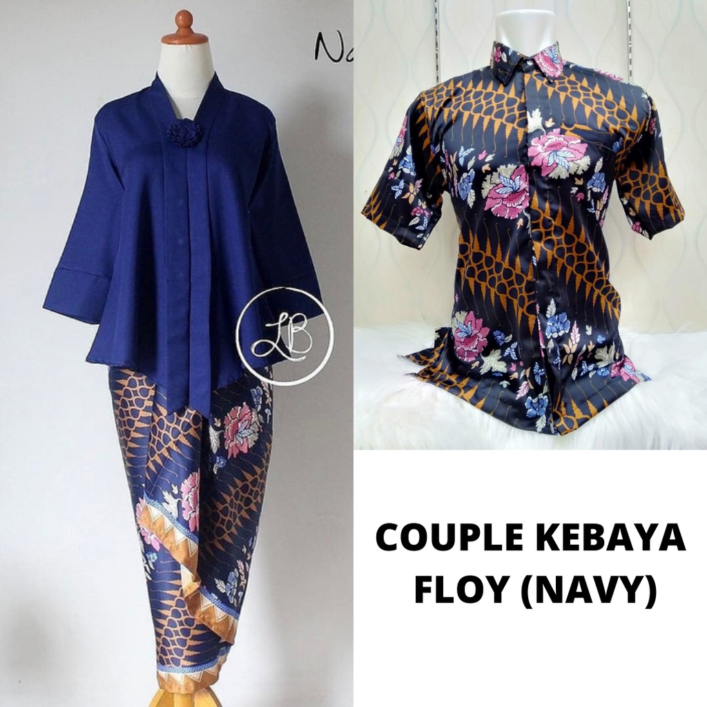 Kebaya Modern Couple Kutu Baru Floy Navy Dan Kemeja Motif Kembang Sepatu Navy