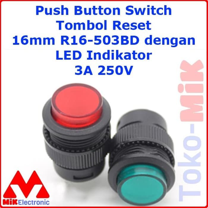 TOMBOL PUSH BUTTON ON SAKLAR SWITCH PUSH ON R16-503BD 16MM LED