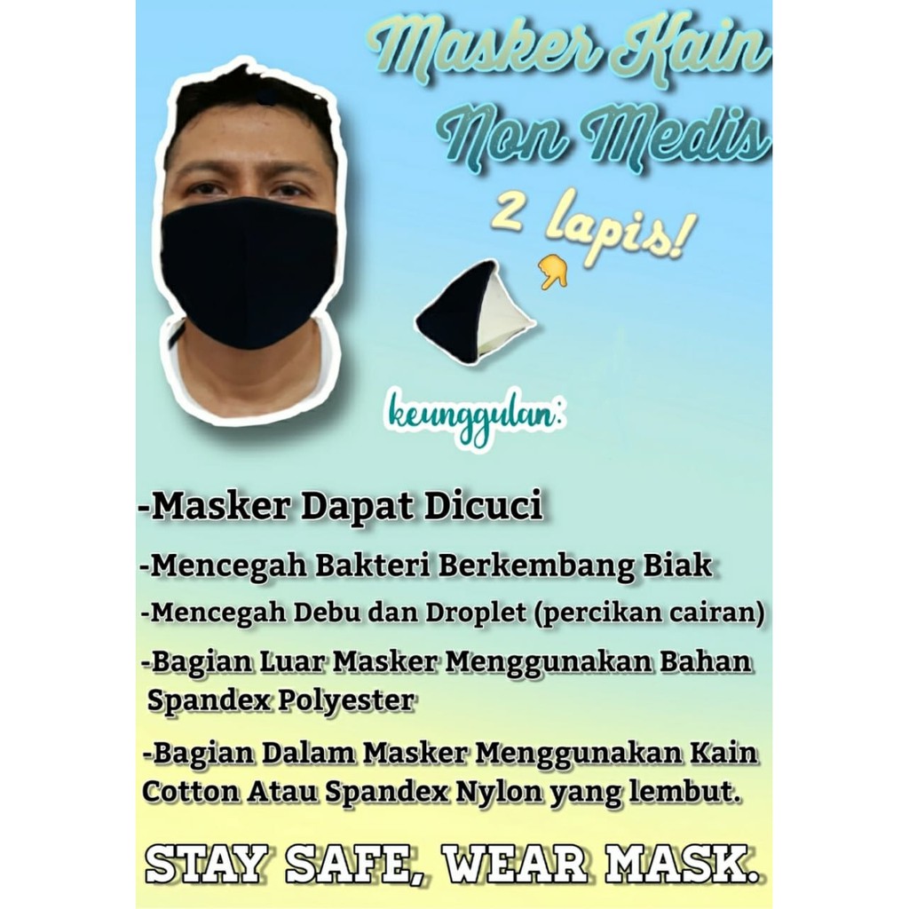 Masker Kain 2 Lapis. Bahan Spandex Polyester. Tali Hijab Panjang ~HITAM~