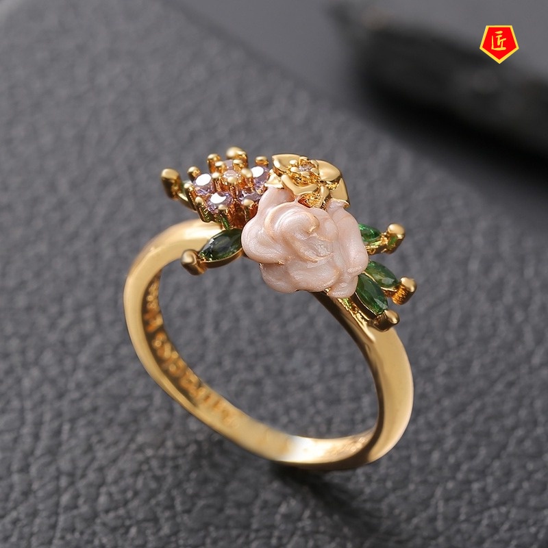 [Ready Stock]New Creative Inlaid Diamond Flower Ring Exquisite Fashion