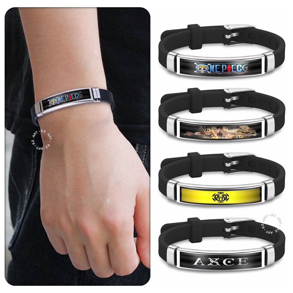 GELANG ONE PIECE RUBBER SILICONE BAHAN KARET SILIKON PLAT STAINLESS STEEL GAMBAR ANIME KACA EPOXY MODEL SABUK STRAP