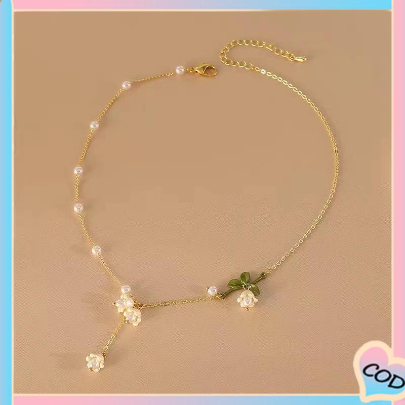 COD❤️ Bunga Anggrek Mutiara Musim Semi Desain Unik Indah Elegan Anting-Anting Gelang Kalung-A.one