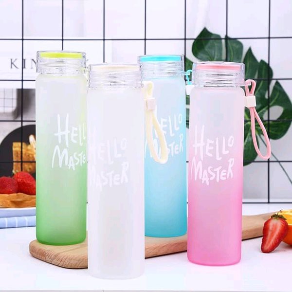 Botol Minum Hello Master 480ml / Tempat Minum Glass Dengan Pouch / Botol Minum Lucu Mudah Dibawa