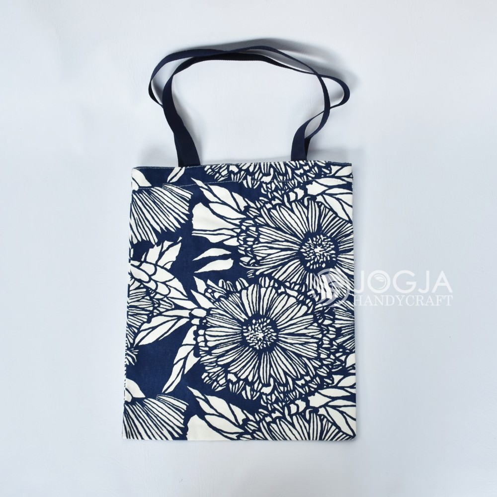 TOTE BAG CANVAS FLOWER NAVY GOOD QUALITY WITH RESLETING