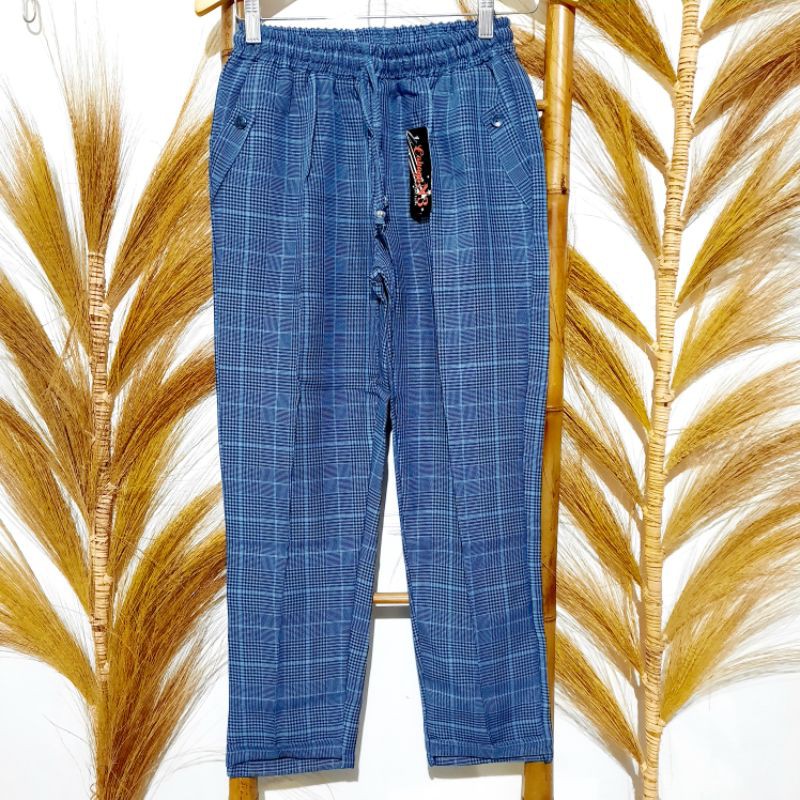 Celana Panjang Wanita Motif kotak|Celana Tartan Panst Bahan Linen Halus|Fashion Kece Wanita Terbaru