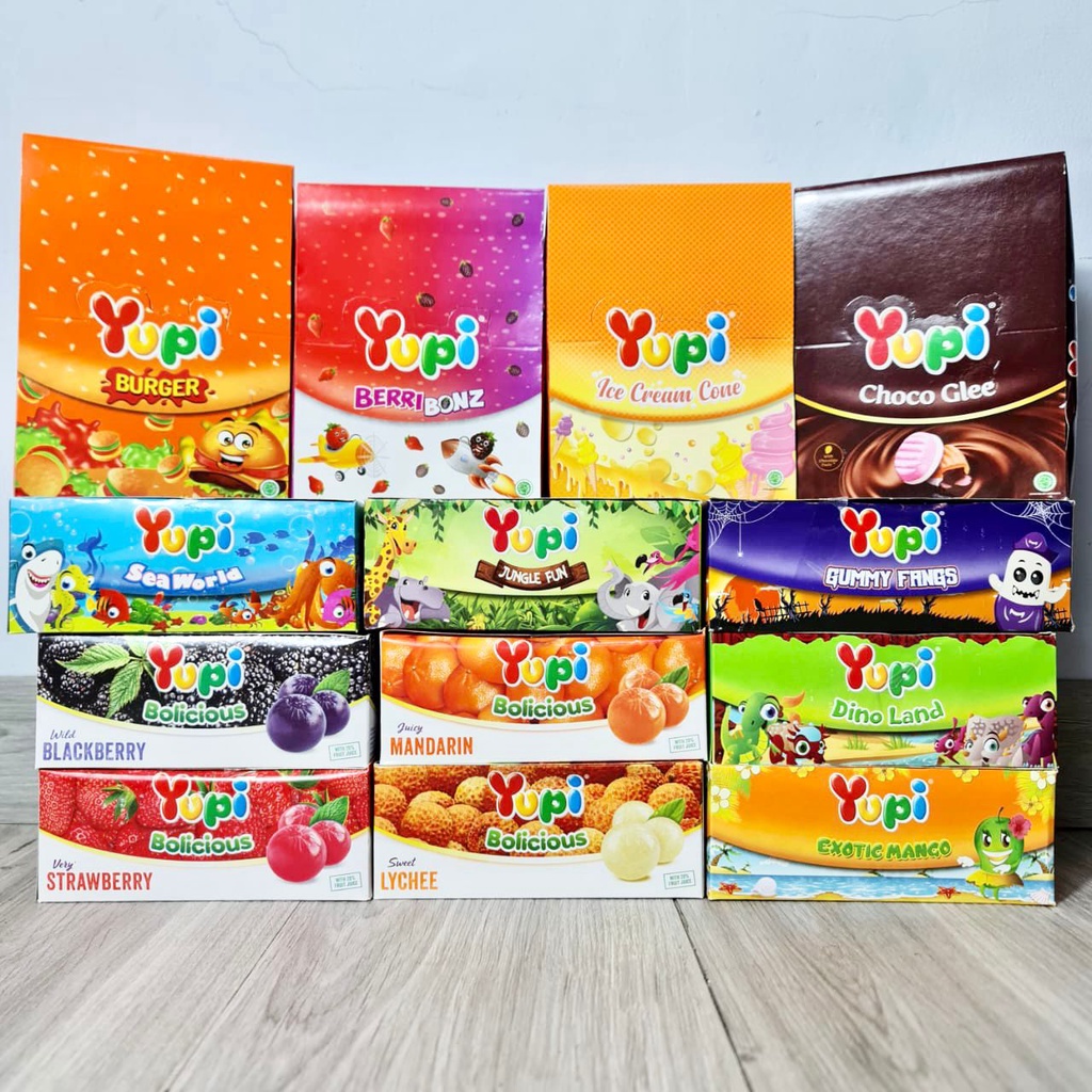 (JURAGAN) Permen YUPI All Varian Rasa Isi 24 Pcs Per Box Baby Bear / Little Star / Gummy Fangs / Wotta Melon / Ice Cream / Exotic Mango / Berribonz / Choco Glee Fruity Cola / Bolicicious Strawberry Orange / Dino Land / Jungle Fun / Mini Burger / Sea World