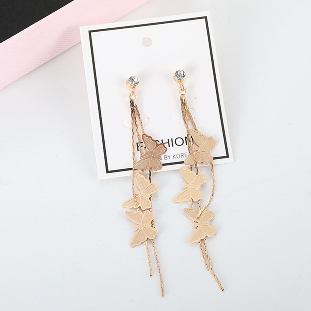 Hu Hu Hu Hu Hu Alat Bantu Pasang Kacamata♡ Anting Tusuk Gantung Panjang Desain Kupu-Kupu Hias Berlian Imitasi Untuk Wanita