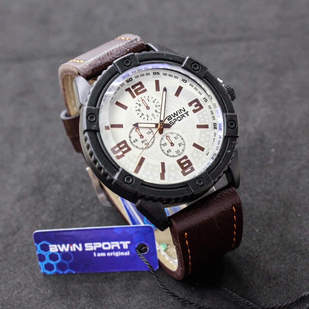 JAM TANGAN PRIA KULIT BWIN SPORT ORIGINAL/ TYPE B505 D = 47mm/ JAM TANGAN KULIT TEBAL/KACA TEBAL/ JAM TANGAN BWIN ANALOG TIME/JAM TANGAN BW505