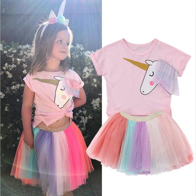 Anak Perempuan Lengan Pendek Gambar Kartun Unicorn 